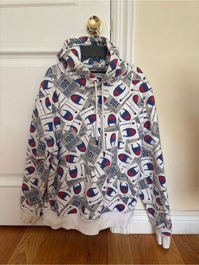 Champion White All-Over Logo Hoodie with Red & Blue Details